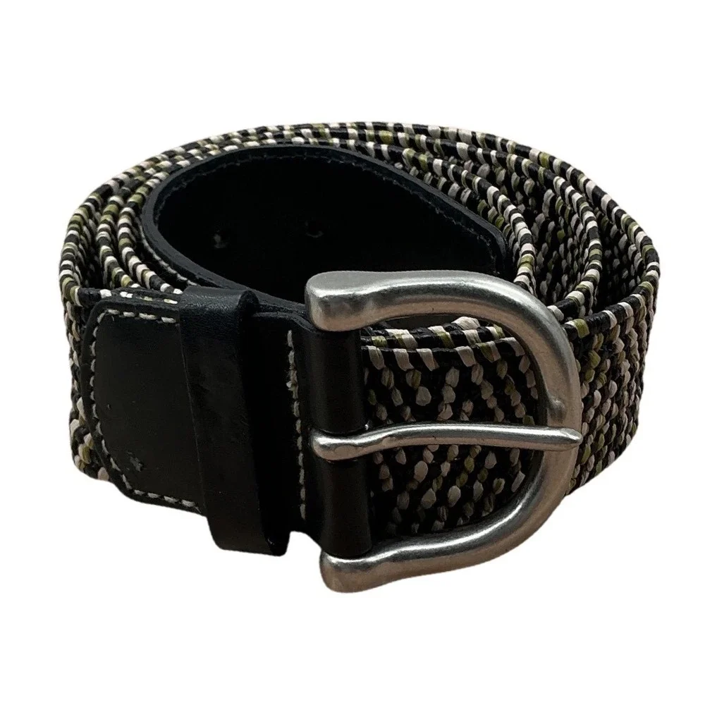 Mens Braided Stretch Belt 2XL Olive Green Black White Woven Elastic Buckle